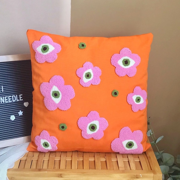 Punch Needle Pillow Cover, Evil Eye Pillow Case, Tufted Pillow, Embroidery Throw Pillow,  Orange Cushion Squab