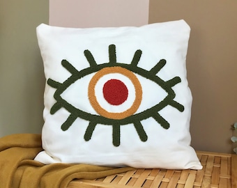 Punch Needle Evil Eye Pillow Case, Embroidery Cushion Case, Tufted Squab, Decorative Pilllow 16 x 16 inch