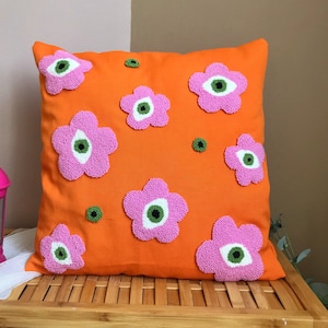 Punch Needle Evil Eye Pillow Cover, Embroidery Daisy Cushion Case, Hand Tufted Pillow, Orange Pink Mustard Squab Case