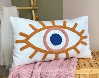 Punch Needle Evil Eye Pillow Case, Bohemian Throw Pillow, Decorative Cushion Case, Embroidery Blue Squab