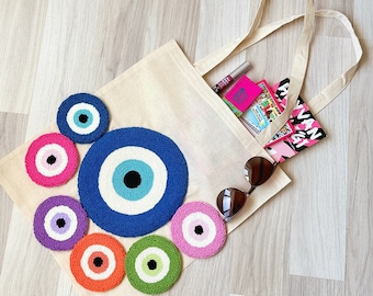 Punch Needle Evil Eye Tote Bag, Embroidery Tote Shoulder Bags, Evil Eye Cloth Bags, Blue Evil Eye Bead, Pink Evil Eye Bag