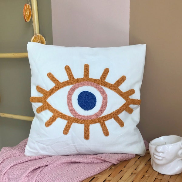 Evil Eye Pillow Cover, Good Luck Home Decor, Embroidery Evil Eye Bead, Punch Needle Pillow, Hand Tufted Pillow