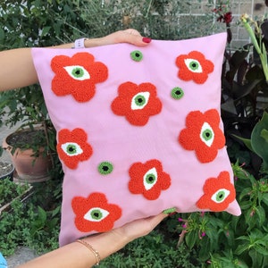 Punch Needle Evil Eye Pillow Cover, Embroidery Daisy Cushion Case, Hand Tufted Pillow, Orange Pink Mustard Squab Case pink