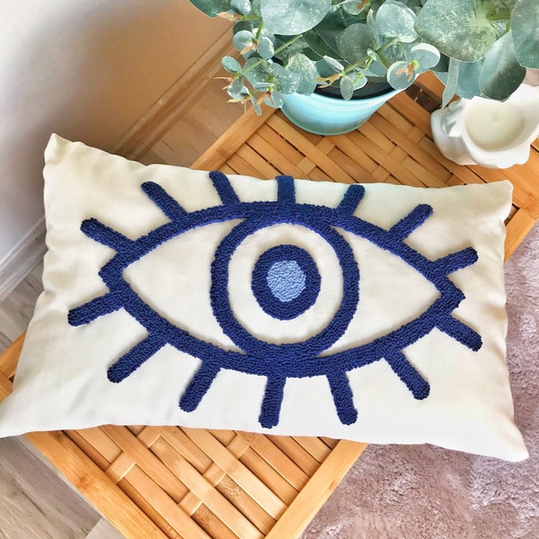 Punch Needle Evil Eye Pillow Case, Evil Eye Bead Pillow Cover, Decorative Cushion , Good Luck Gift, Embroidery pillow