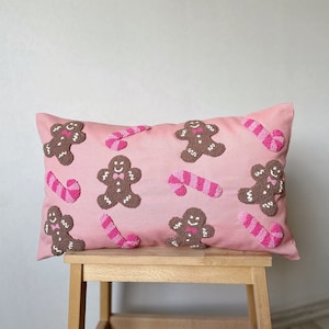 Gingerbread Man Pillow Cover, Candy Cane Pillow, Punch Needle Christmas Throw Pillow, Tufted  Gingerbread Cushion Case, Pink Pillow