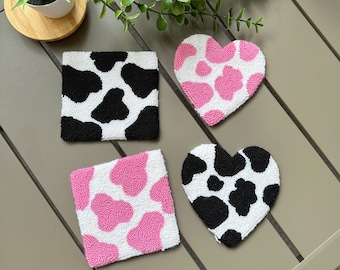 Punch Needle Cow Coaster, Cow Pattern Mug Rugs, Square Cow Coaster, Pink Tufted Rug, Black Cow Coaster, Pink Cow Tufted Rug