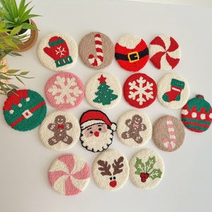 Punch Needle Christmas Coaster, Christmas Mug Rug, Christmas Gift Tufted Rug, Gingerbread, Candy Cane, Christmas Sock, Santa Claus, Xmas
