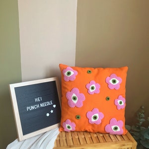 Punch Needle Evil Eye Pillow Cover, Embroidery Daisy Cushion Case, Hand Tufted Pillow, Orange Pink Mustard Squab Case image 4