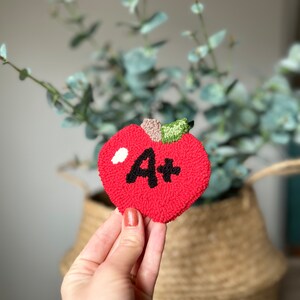 May include: A red felt apple with a white and black felt "A+" on it.