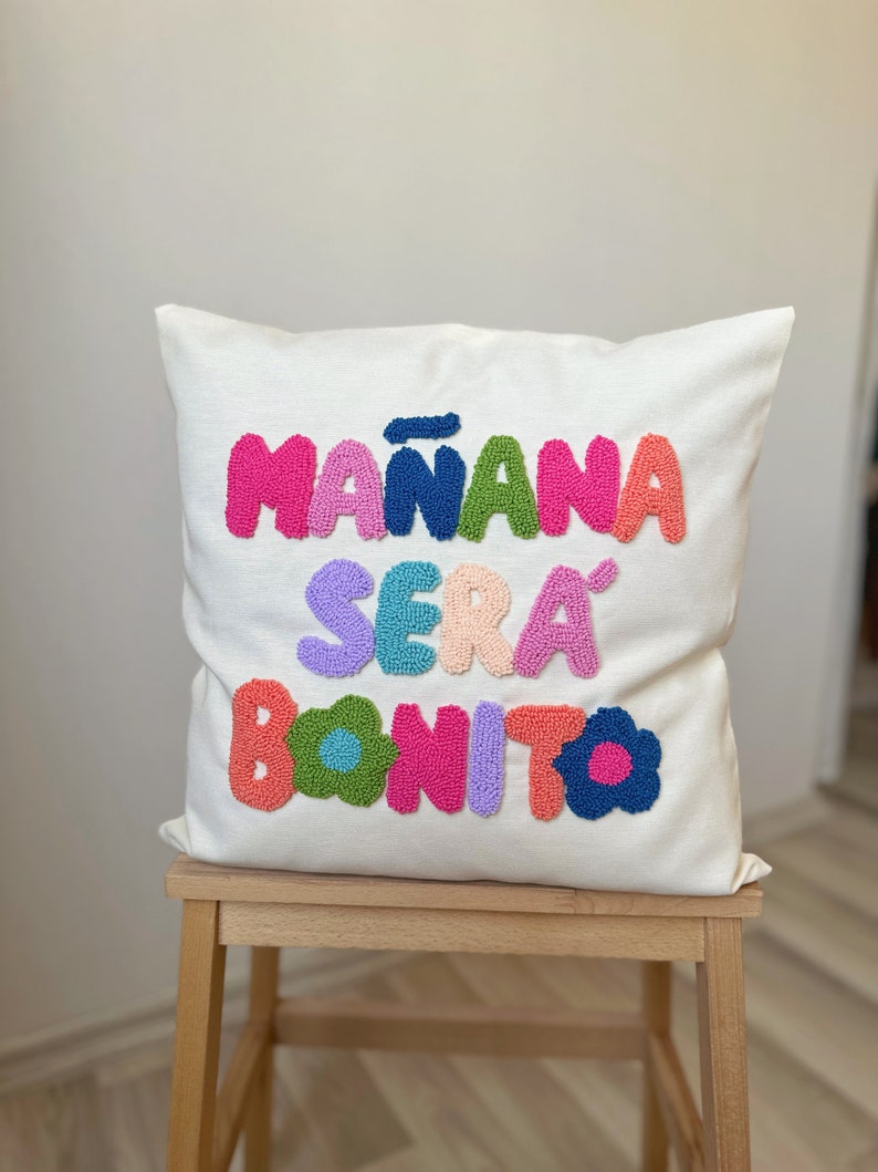 Karol G Manana Sera Bonito Punch Needle Pillow Cover, Mañana Será Bonito Written Cushion, Karol G Throw Pillow, Colorful Tufted Pillow image 10