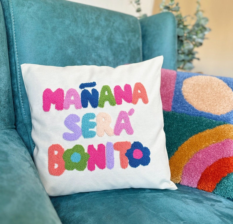 Karol G Manana Sera Bonito Punch Needle Pillow Cover, Mañana Será Bonito Written Cushion, Karol G Throw Pillow, Colorful Tufted Pillow image 1