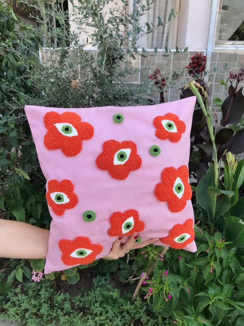 Punch Needle Evil Eye Pillow Cover, Embroidery Daisy Cushion Case, Hand Tufted Pillow, Orange Pink Mustard Squab Case image 9