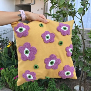 Punch Needle Evil Eye Pillow Cover, Embroidery Daisy Cushion Case, Hand Tufted Pillow, Orange Pink Mustard Squab Case image 5