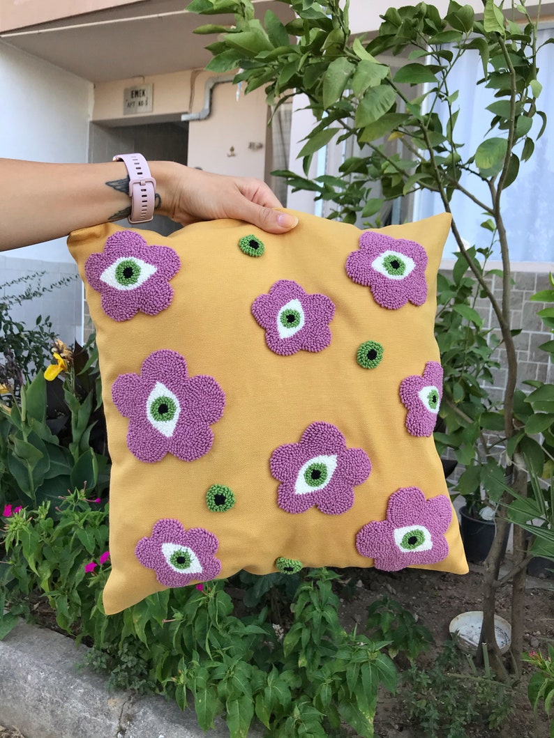 Punch Needle Evil Eye Pillow Cover, Embroidery Daisy Cushion Case, Hand Tufted Pillow, Orange Pink Mustard Squab Case image 5