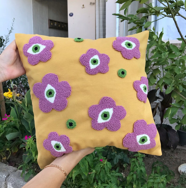 Punch Needle Evil Eye Pillow Cover, Embroidery Daisy Cushion Case, Hand Tufted Pillow, Orange Pink Mustard Squab Case mustard