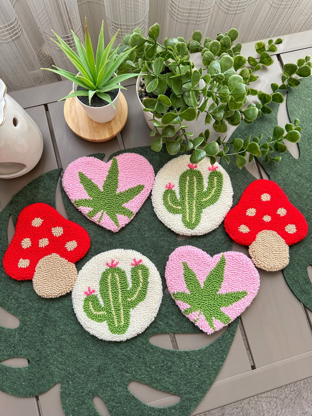 Punch Needle Cactus Coaster, Cactus Mug Rug, Weed Leaf Tufted Rug ...