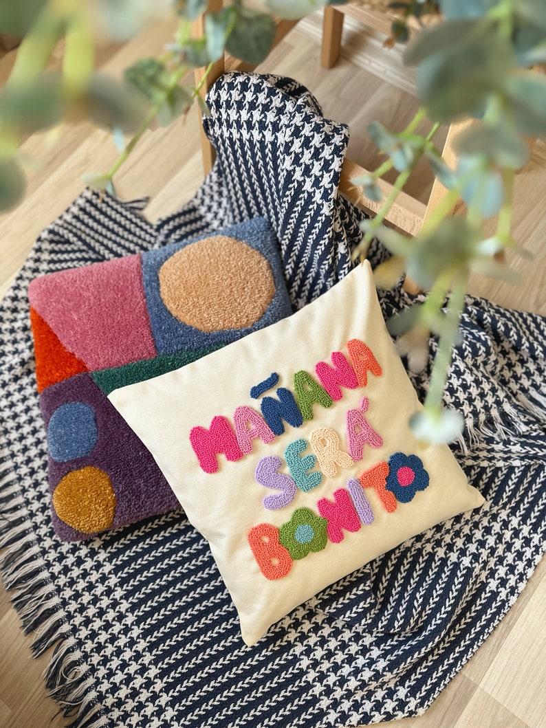 Karol G Manana Sera Bonito Punch Needle Pillow Cover, Mañana Será Bonito Written Cushion, Karol G Throw Pillow, Colorful Tufted Pillow image 4