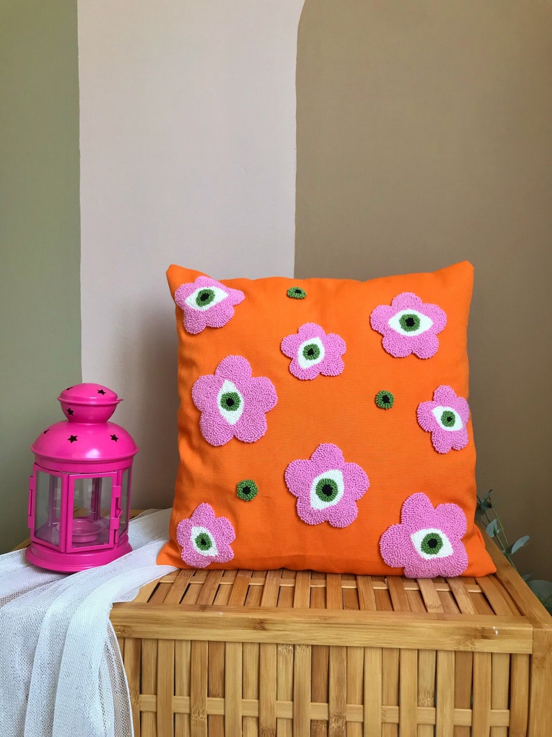 Punch Needle Evil Eye Pillow Cover, Embroidery Daisy Cushion Case, Hand Tufted Pillow, Orange Pink Mustard Squab Case orange