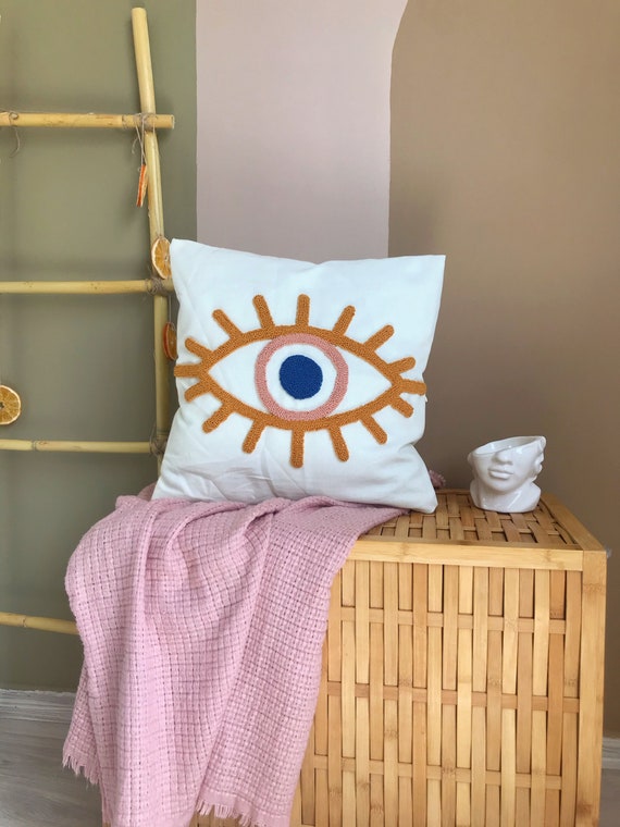 Evil Eye Pillow Cover Good Luck Home Decor Embroidery Evil Eye Bead Punch Needle Pillow Hand Tufted Pillow Etsy