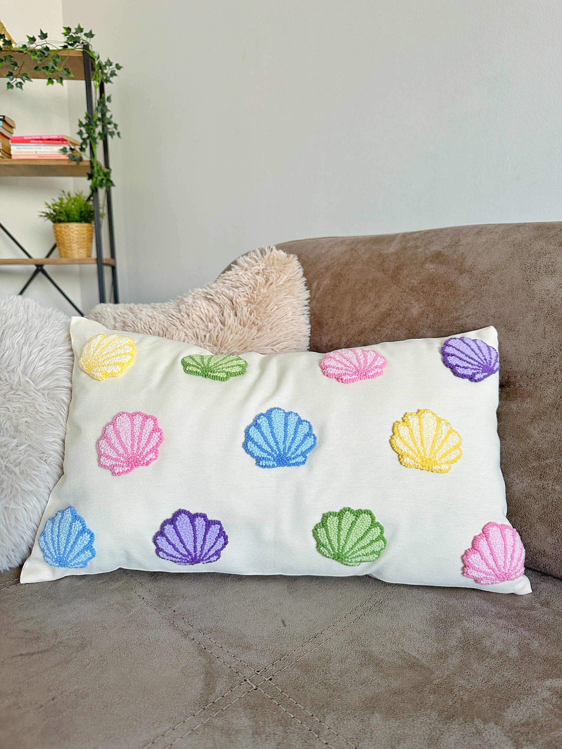 Punch Needle Seashell Pillow Cover, Sea Shell Throw Pillow, Colorful ...