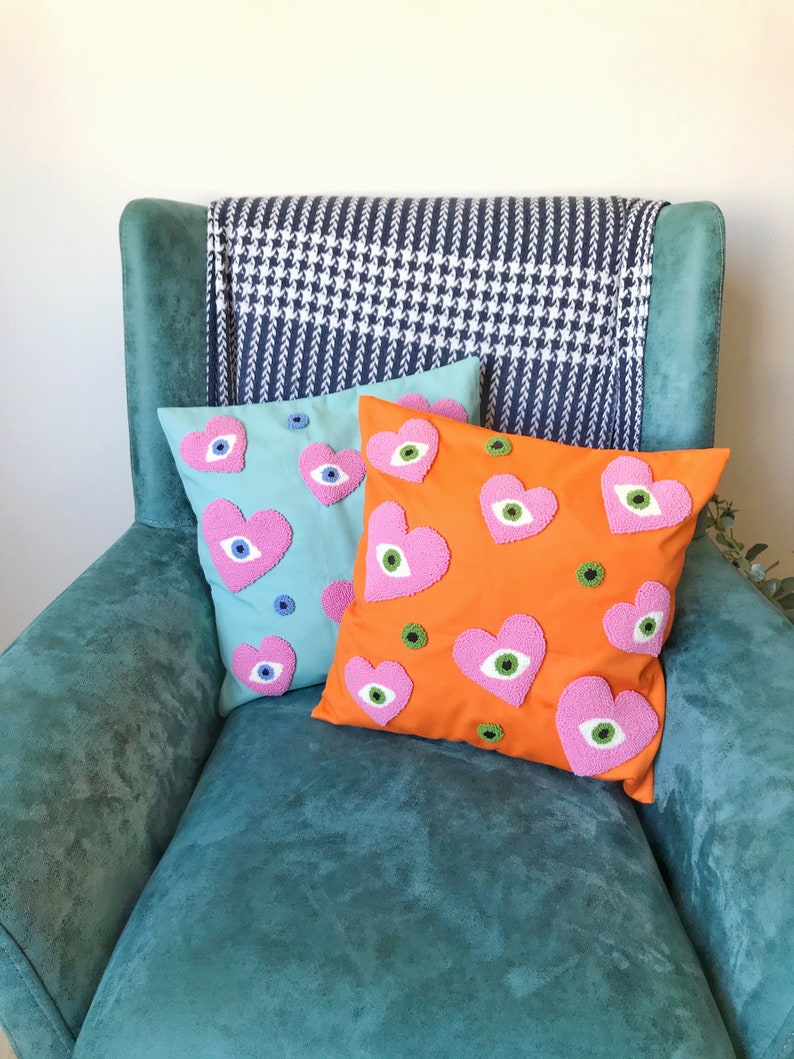 Heart Eye Pillow Cover Tufted Heart Throw Punch Needle Etsy