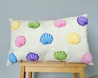 Punch Needle Seashell Pillow Cover, Sea Shell Throw Pillow, Colorful Seashell Home Decor, Handmade Cushion Case, Tufted Pink Seashell