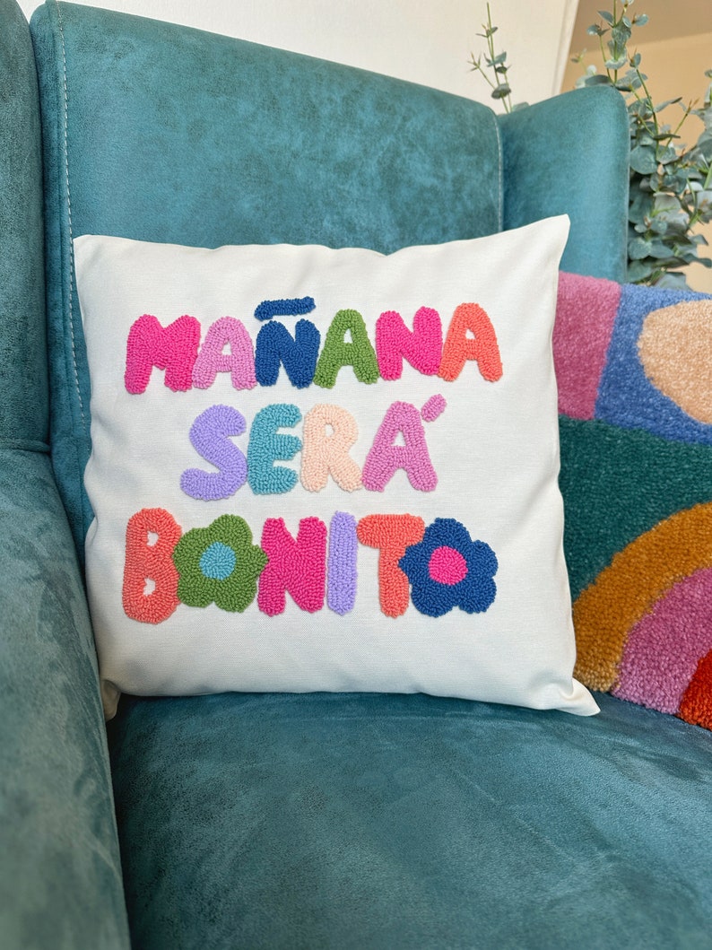 Karol G Manana Sera Bonito Punch Needle Pillow Cover, Mañana Será Bonito Written Cushion, Karol G Throw Pillow, Colorful Tufted Pillow image 7