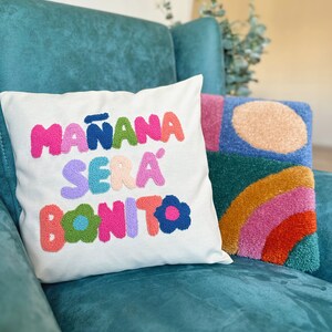 Karol G Manana Sera Bonito Punch Needle Pillow Cover, Mañana Será Bonito Written Cushion, Karol G Throw Pillow, Colorful Tufted Pillow image 5