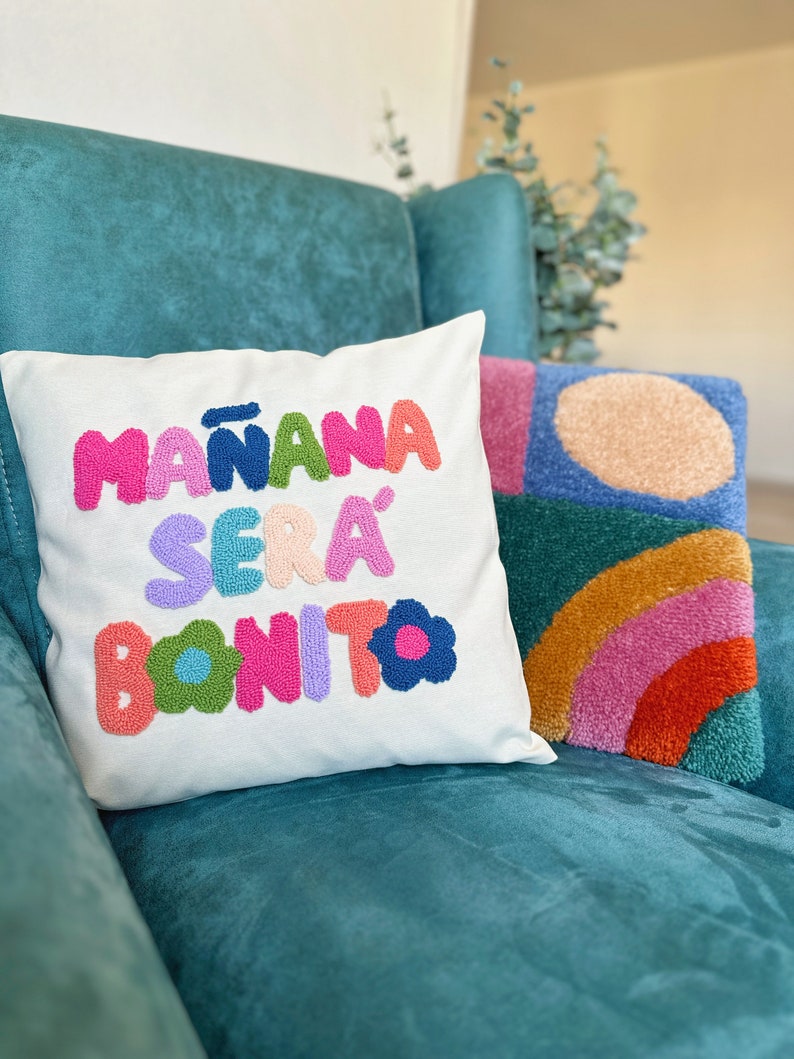 Karol G Manana Sera Bonito Punch Needle Pillow Cover, Mañana Será Bonito Written Cushion, Karol G Throw Pillow, Colorful Tufted Pillow image 5