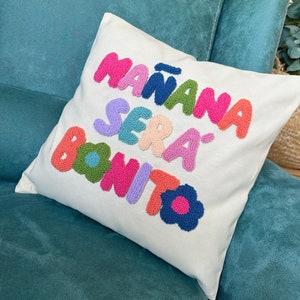 Karol G Manana Sera Bonito Punch Needle Pillow Cover, Mañana Será Bonito Written Cushion, Karol G Throw Pillow, Colorful Tufted Pillow image 3