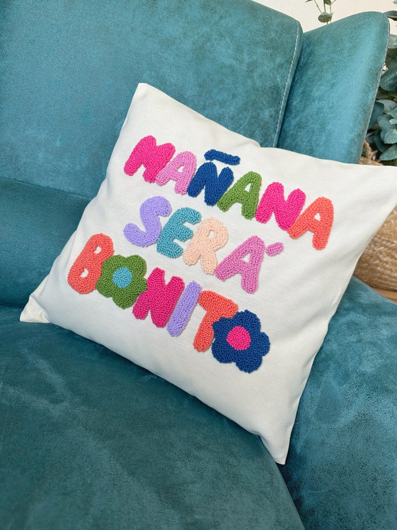 Karol G Manana Sera Bonito Punch Needle Pillow Cover, Mañana Será Bonito Written Cushion, Karol G Throw Pillow, Colorful Tufted Pillow image 3