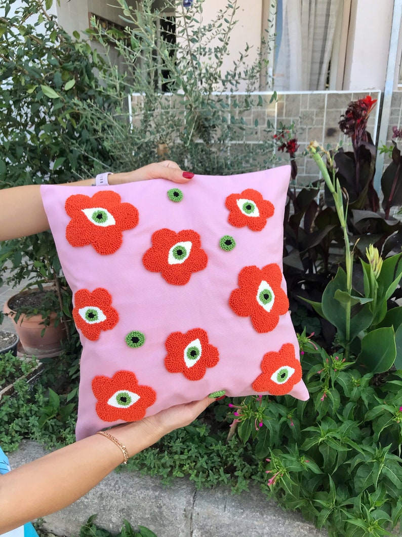 Punch Needle Evil Eye Pillow Cover, Embroidery Daisy Cushion Case, Hand Tufted Pillow, Orange Pink Mustard Squab Case pink