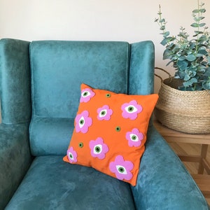 Punch Needle Evil Eye Pillow Cover, Embroidery Daisy Cushion Case, Hand Tufted Pillow, Orange Pink Mustard Squab Case image 7