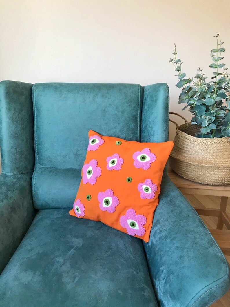 Punch Needle Evil Eye Pillow Cover, Embroidery Daisy Cushion Case, Hand Tufted Pillow, Orange Pink Mustard Squab Case image 7