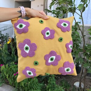 Punch Needle Evil Eye Pillow Cover, Embroidery Daisy Cushion Case, Hand Tufted Pillow, Orange Pink Mustard Squab Case image 8