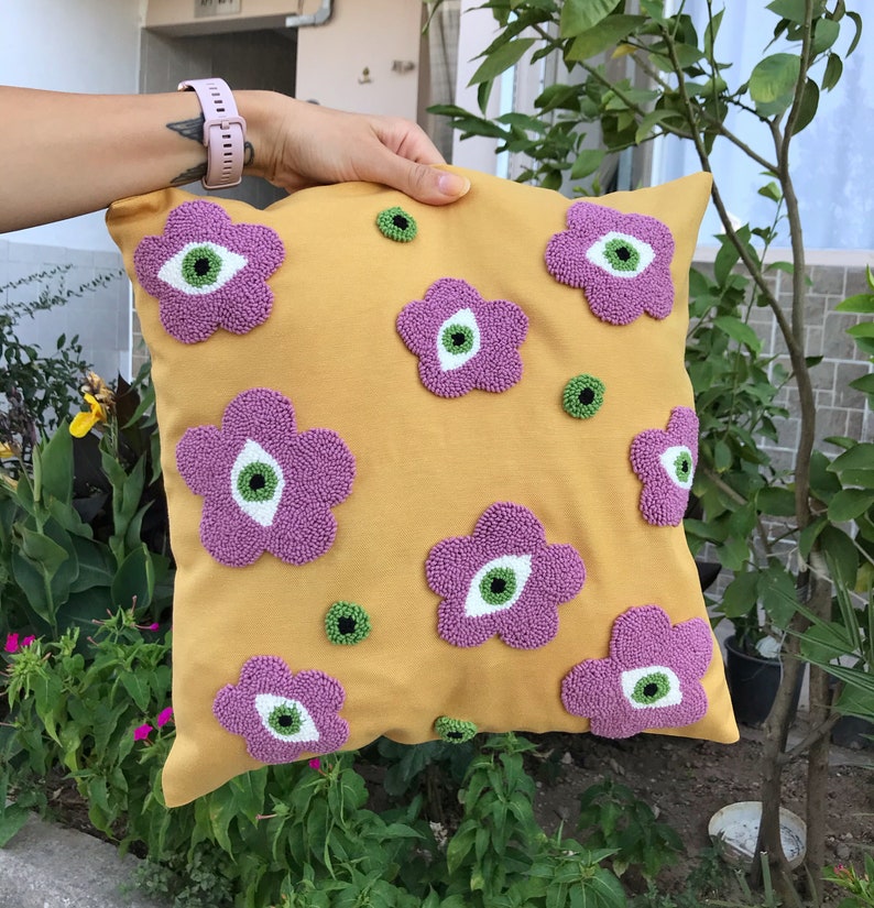 Punch Needle Evil Eye Pillow Cover, Embroidery Daisy Cushion Case, Hand Tufted Pillow, Orange Pink Mustard Squab Case image 8