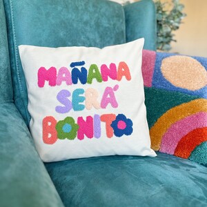 Karol G Manana Sera Bonito Punch Needle Pillow Cover, Mañana Será Bonito Written Cushion, Karol G Throw Pillow, Colorful Tufted Pillow image 6