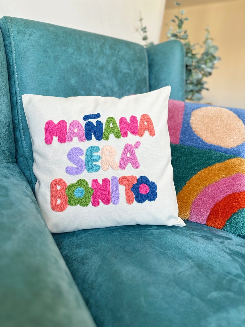 Karol G Manana Sera Bonito Punch Needle Pillow Cover, Mañana Será Bonito Written Cushion, Karol G Throw Pillow, Colorful Tufted Pillow image 6
