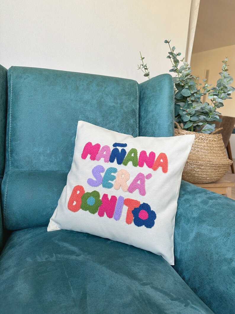 Karol G Manana Sera Bonito Punch Needle Pillow Cover, Mañana Será Bonito Written Cushion, Karol G Throw Pillow, Colorful Tufted Pillow image 8