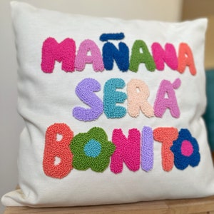 Karol G Manana Sera Bonito Punch Needle Pillow Cover, Mañana Será Bonito Written Cushion, Karol G Throw Pillow, Colorful Tufted Pillow image 2