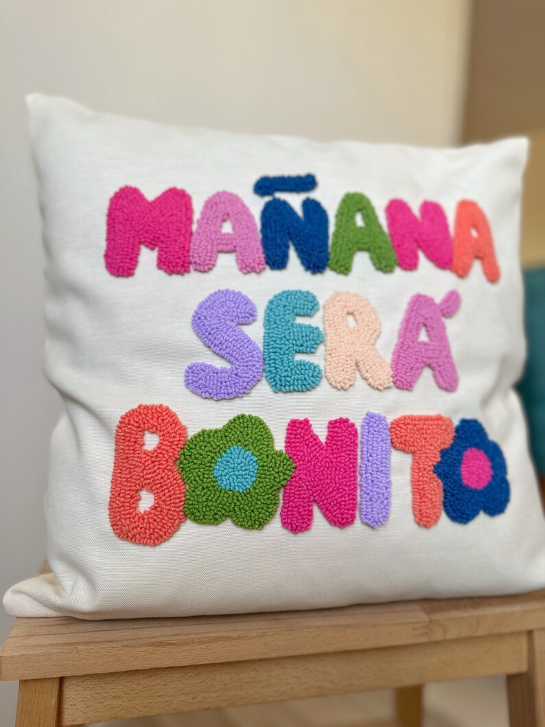 Karol G Manana Sera Bonito Punch Needle Pillow Cover, Mañana Será Bonito Written Cushion, Karol G Throw Pillow, Colorful Tufted Pillow image 2