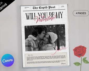 Editable Valentines Day Newspaper Canva Template Custom Valentines Cupid Newspaper Printable Will You Be My Valentine easy DIY Couple Gift