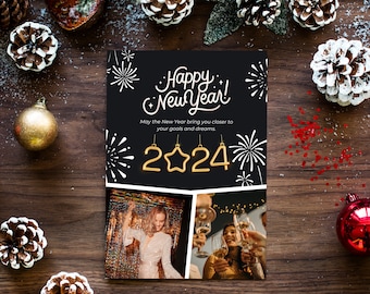 Happy New Year Card with Photo, Editable and Printable 2024 New Year Cards for Family, Happy New Year 2024, Printable Greeting Cards, Canva