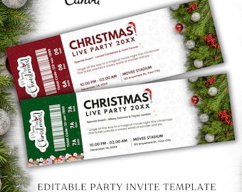 Editable Christmas Party Ticket Invitation Template (Canva)