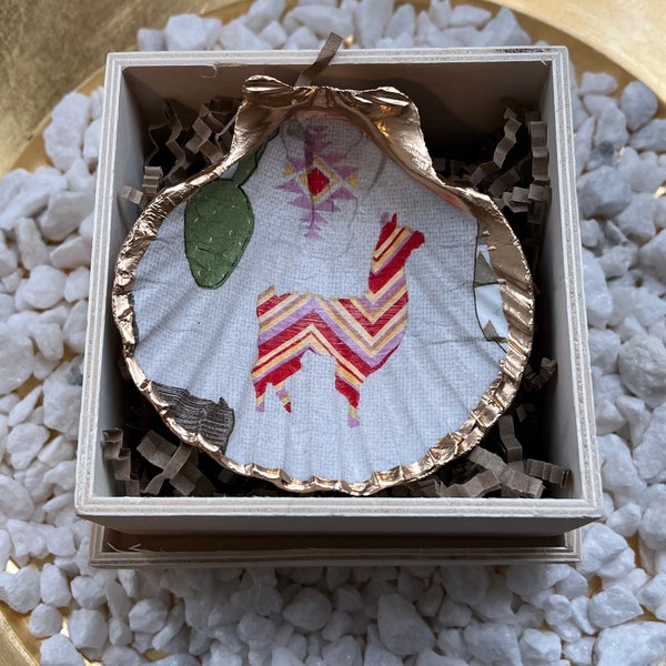 Scallop Shell Ring Dish with Wooden Gift Box, Llama, Southwestern Kilim Motif, Cactus, Colorful Pattern, Chevron