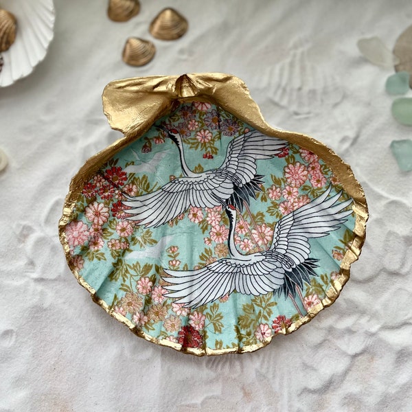 Flying Cranes Large Scallop Shell Trinket Dish, Japanese Art, Origami Inspired, Delicate Pattern, Decoupage