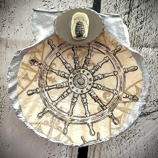 Nautical Theme Scallop Shell Ring Dish with Silver Tone Faux Scrimshaw Brooch Embellishment, Upcycled Art, Sailing, Ships