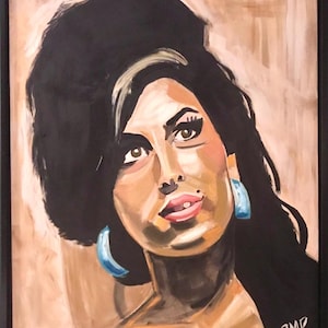 May include: A painting of a woman with dark hair and blue earrings. The woman is looking up and to the right. The background is a light brown color. The painting is signed "PMP" in the bottom right corner.