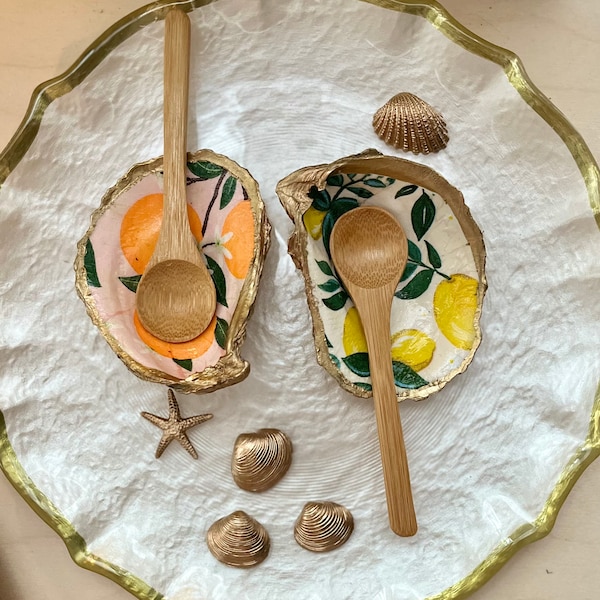 Oyster Shell Spice Cellar Set with Mini Bamboo Spoons with Fruit Motif, Kitchen Utensils, Retro Pattern, Kitchen Essentials