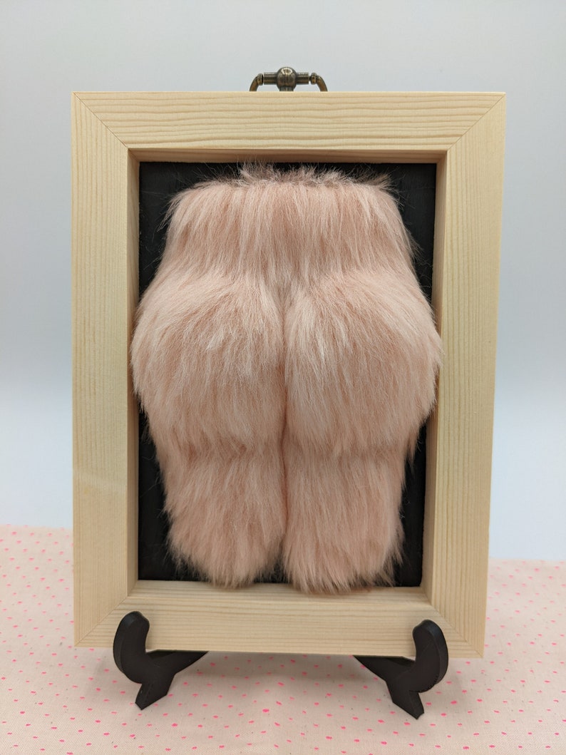 A framed piece of art featuring a pink fluffy object in a pine wooden frame with a black background.